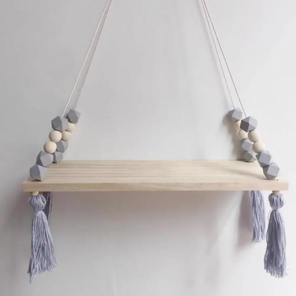 Nordic Wooden Hanging Shelf with Gray Beads and Tassels | Minimalist Boho Nurser